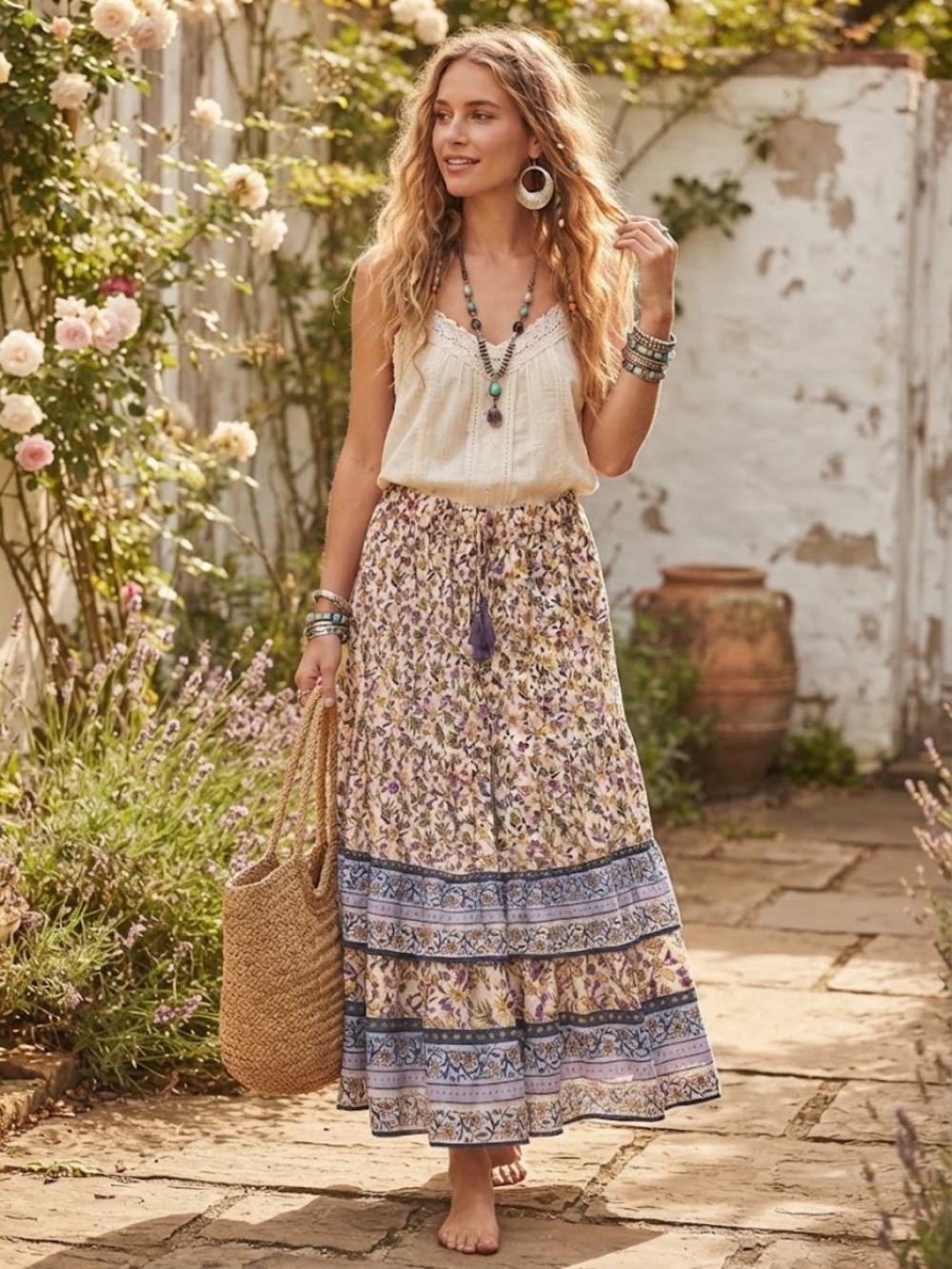 Bunulu multi tiered maxi skirt tassels hippie boho prairie purple blue L